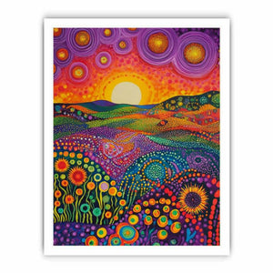 Colorful folk landscape canvas art with sun and flowers for cheerful home decor.