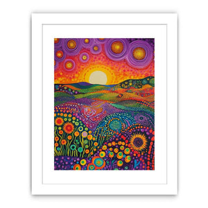Colorful folk landscape canvas art with sun and flowers for cheerful home decor.