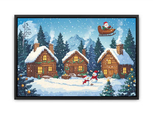 Festive Christmas village canvas art with cabins and Santa for cozy holiday decor.