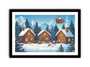 Festive Christmas village canvas art with cabins and Santa for cozy holiday decor.