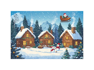 Festive Christmas village canvas art with cabins and Santa for cozy holiday decor.