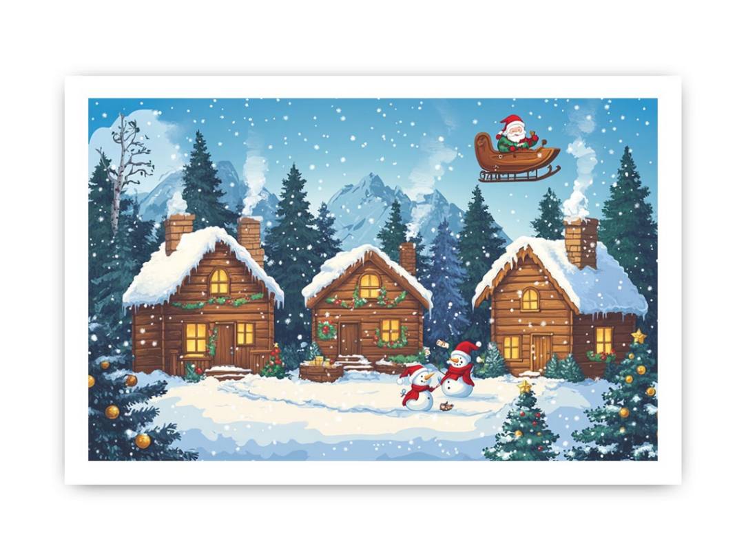 Festive Christmas village canvas art with cabins and Santa for cozy holiday decor.