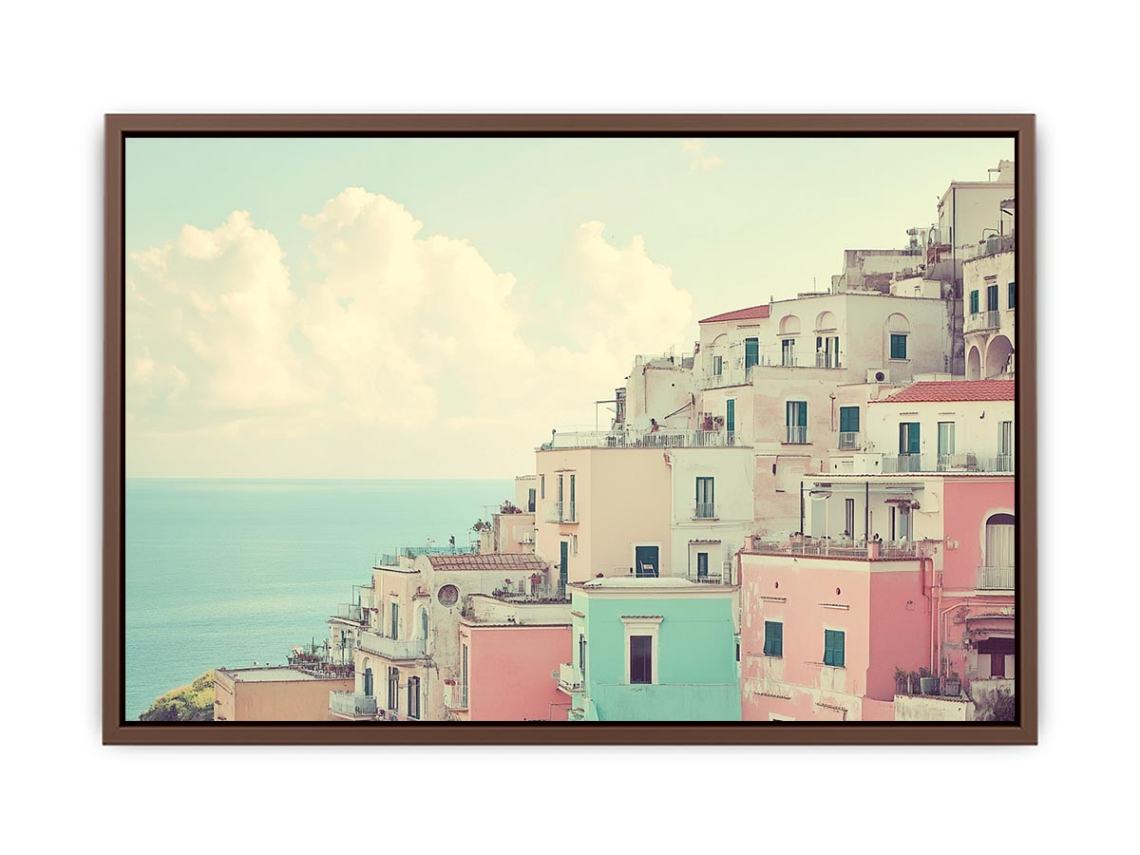 Pastel Mediterranean coastal town canvas art with sea view for elegant home decor.