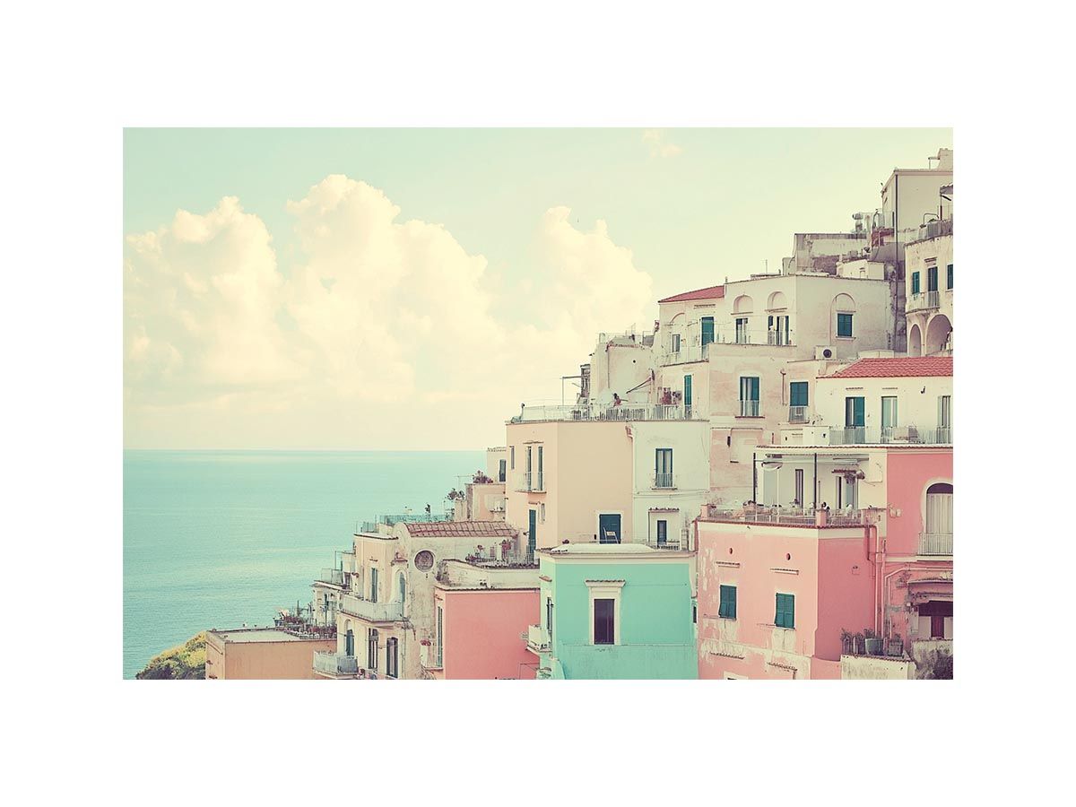 Pastel Mediterranean coastal town canvas art with sea view for elegant home decor.