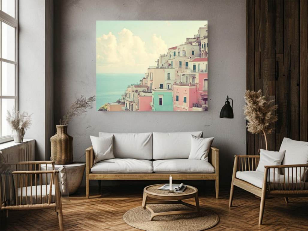 Pastel Mediterranean coastal town canvas art with sea view for elegant home decor.