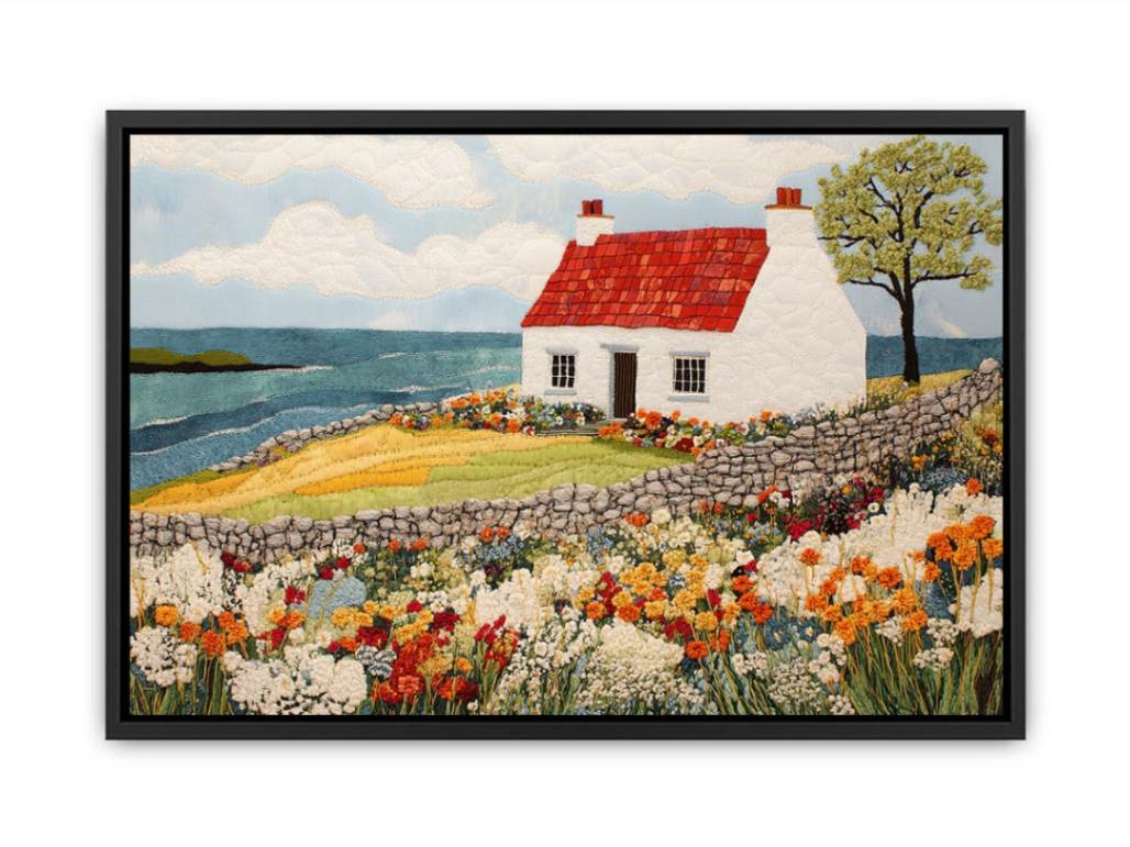 Coastal cottage canvas art with wildflower garden and ocean view for living room decor.