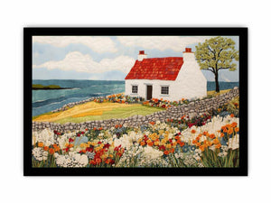 Coastal cottage canvas art with wildflower garden and ocean view for living room decor.