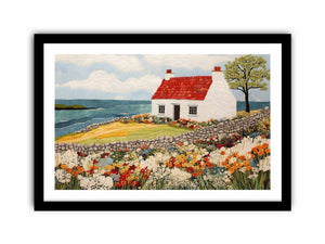 Coastal cottage canvas art with wildflower garden and ocean view for living room decor.
