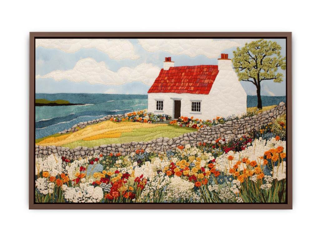 Coastal cottage canvas art with wildflower garden and ocean view for living room decor.