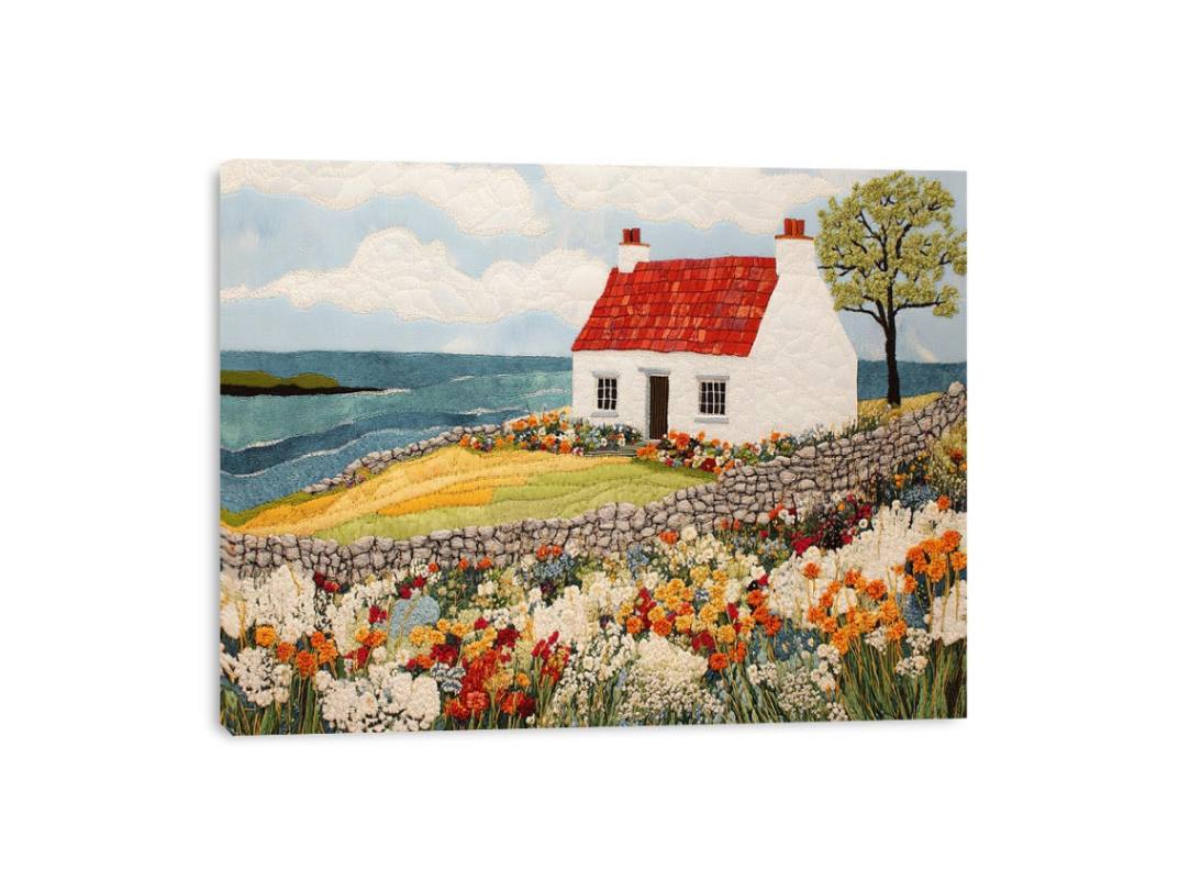 Coastal cottage canvas art with wildflower garden and ocean view for living room decor.