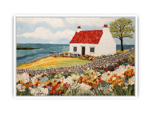 Coastal cottage canvas art with wildflower garden and ocean view for living room decor.