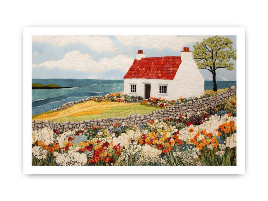 Coastal cottage canvas art with wildflower garden and ocean view for living room decor.