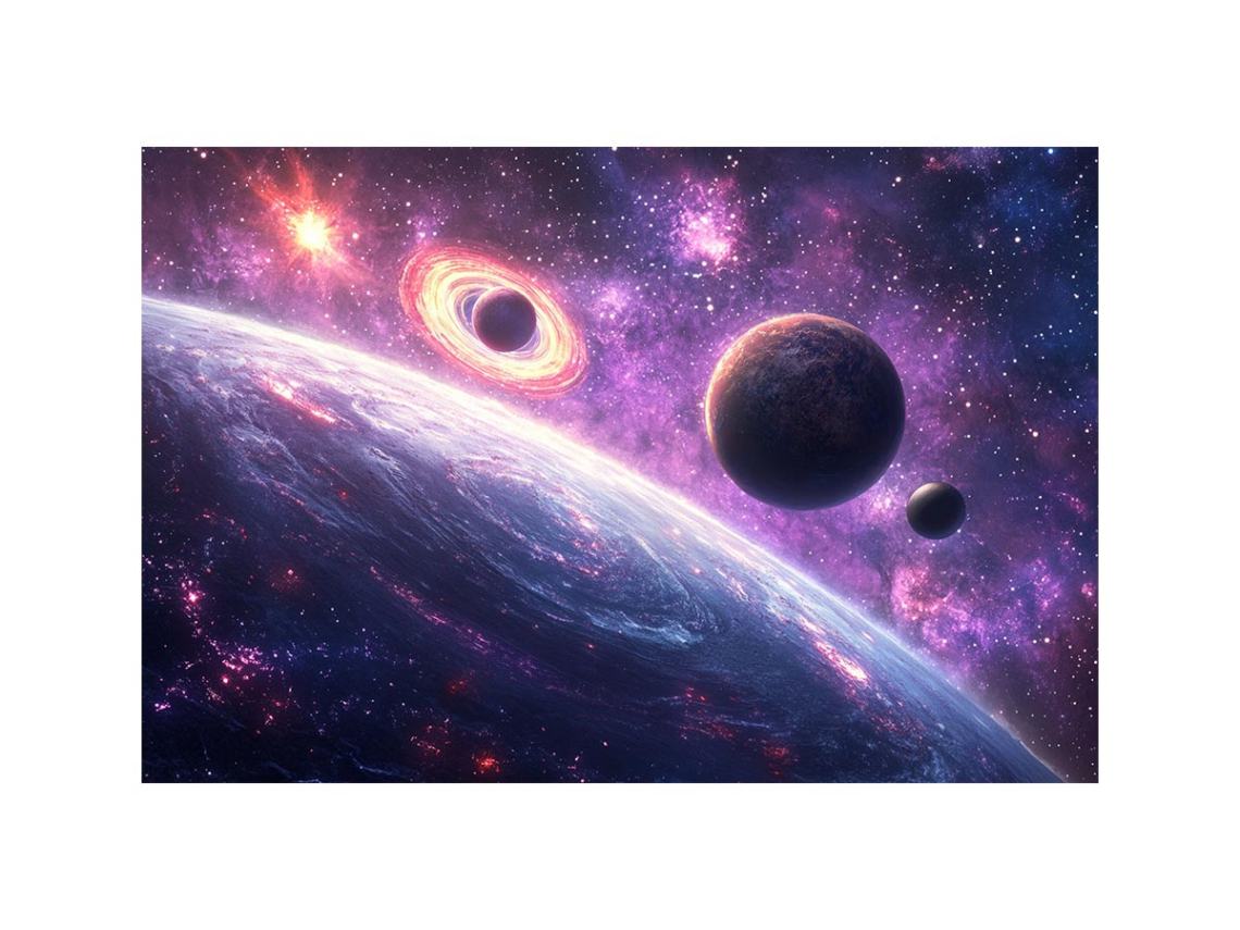 Dramatic space canvas art with planets, stars, galaxy, and glowing black hole for modern room decor.