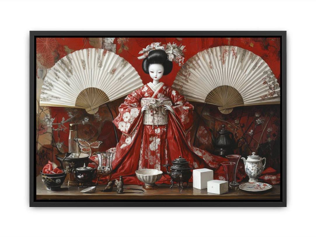 Asian still life canvas art with red kimono geisha doll, fans, tea set, and porcelain decor.