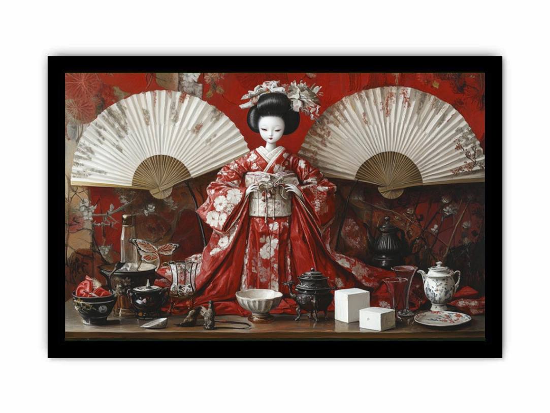 Asian still life canvas art with red kimono geisha doll, fans, tea set, and porcelain decor.