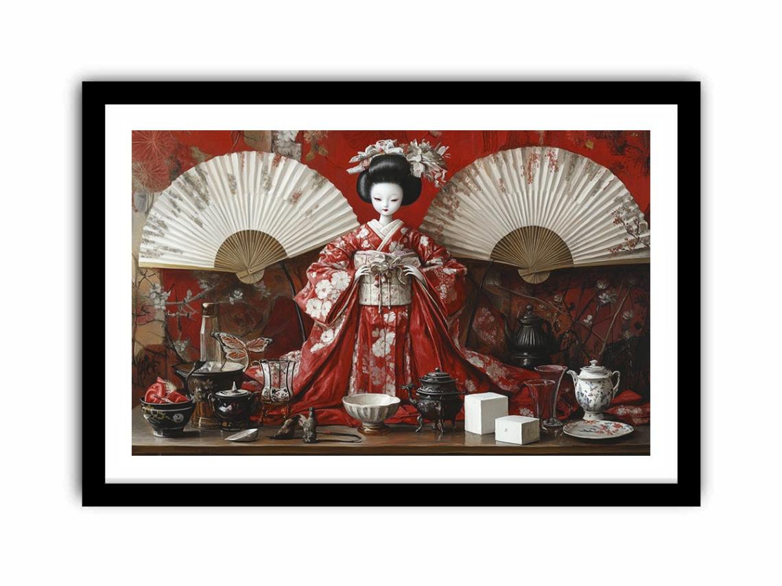 Asian still life canvas art with red kimono geisha doll, fans, tea set, and porcelain decor.
