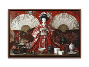 Asian still life canvas art with red kimono geisha doll, fans, tea set, and porcelain decor.