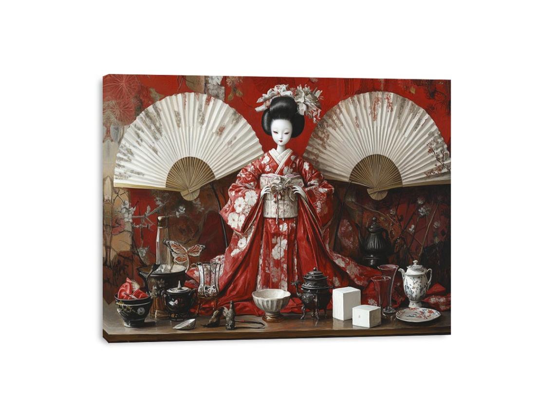Asian still life canvas art with red kimono geisha doll, fans, tea set, and porcelain decor.