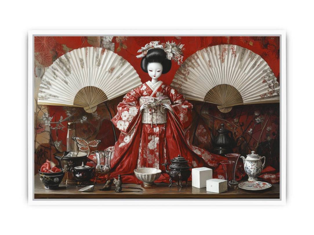 Asian still life canvas art with red kimono geisha doll, fans, tea set, and porcelain decor.