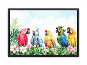 Colorful tropical parrot watercolor canvas art with flowers and leaves for nursery or living room decor.