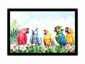 Colorful tropical parrot watercolor canvas art with flowers and leaves for nursery or living room decor.