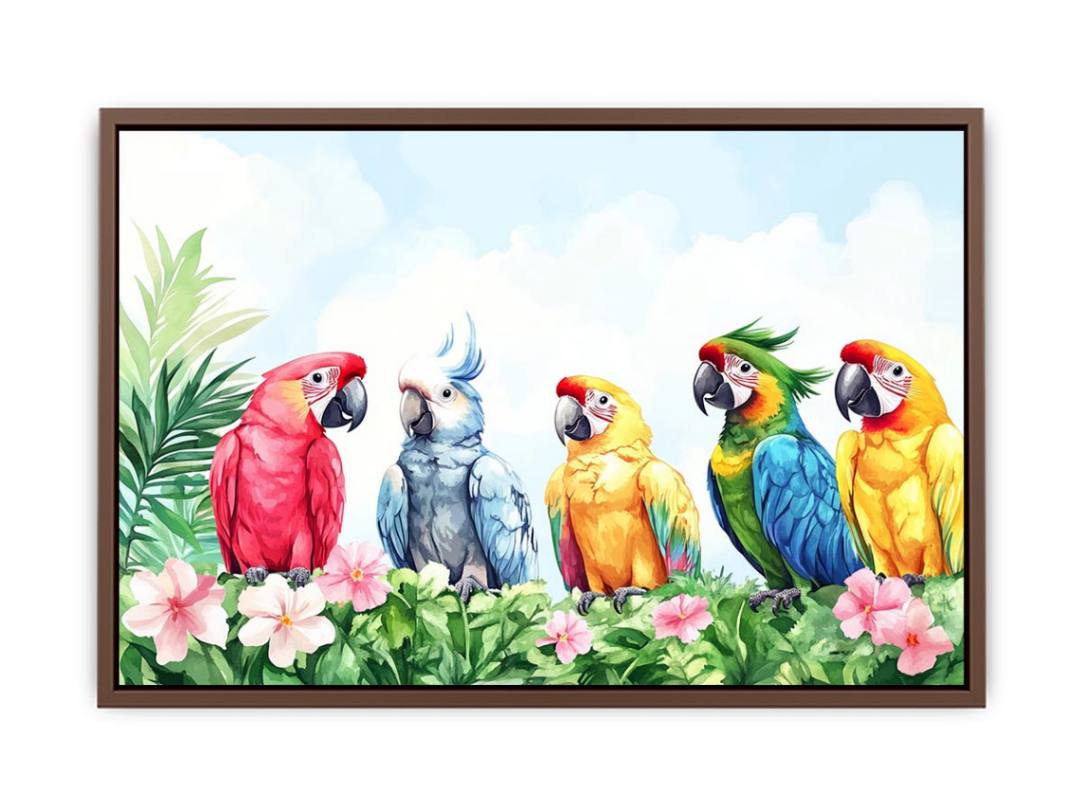 Colorful tropical parrot watercolor canvas art with flowers and leaves for nursery or living room decor.