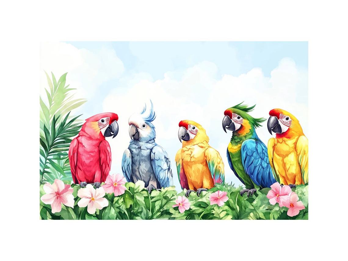Colorful tropical parrot watercolor canvas art with flowers and leaves for nursery or living room decor.