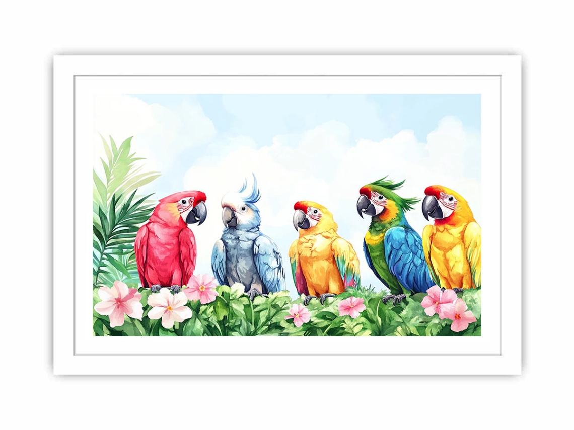 Colorful tropical parrot watercolor canvas art with flowers and leaves for nursery or living room decor.