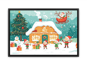 Christmas village canvas art with Santa, elves, snowy cabin, tree, gifts, and festive family decor.