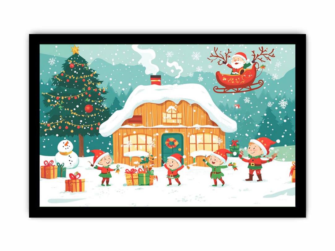Christmas village canvas art with Santa, elves, snowy cabin, tree, gifts, and festive family decor.