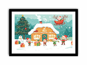 Christmas village canvas art with Santa, elves, snowy cabin, tree, gifts, and festive family decor.
