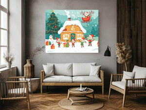 Christmas village canvas art with Santa, elves, snowy cabin, tree, gifts, and festive family decor.