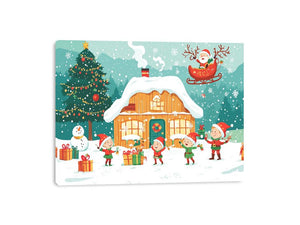 Christmas village canvas art with Santa, elves, snowy cabin, tree, gifts, and festive family decor.
