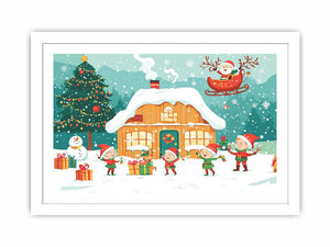 Christmas village canvas art with Santa, elves, snowy cabin, tree, gifts, and festive family decor.
