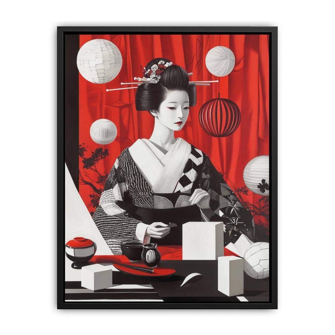 Vertical geisha portrait canvas art with red curtain, lanterns, and black white kimono for modern decor.