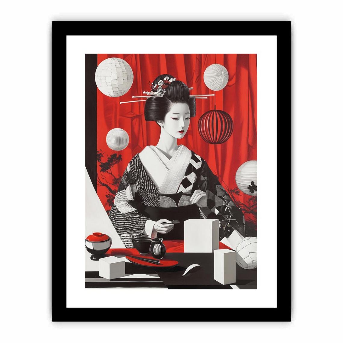 Vertical geisha portrait canvas art with red curtain, lanterns, and black white kimono for modern decor.