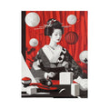 Vertical geisha portrait canvas art with red curtain, lanterns, and black white kimono for modern decor.