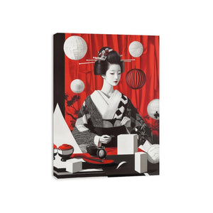 Vertical geisha portrait canvas art with red curtain, lanterns, and black white kimono for modern decor.