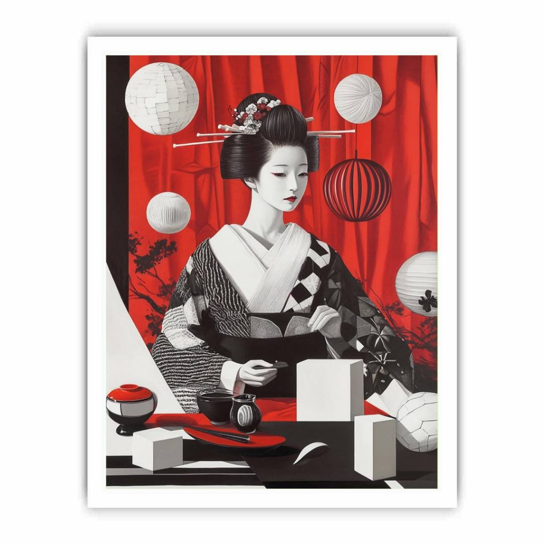 Vertical geisha portrait canvas art with red curtain, lanterns, and black white kimono for modern decor.