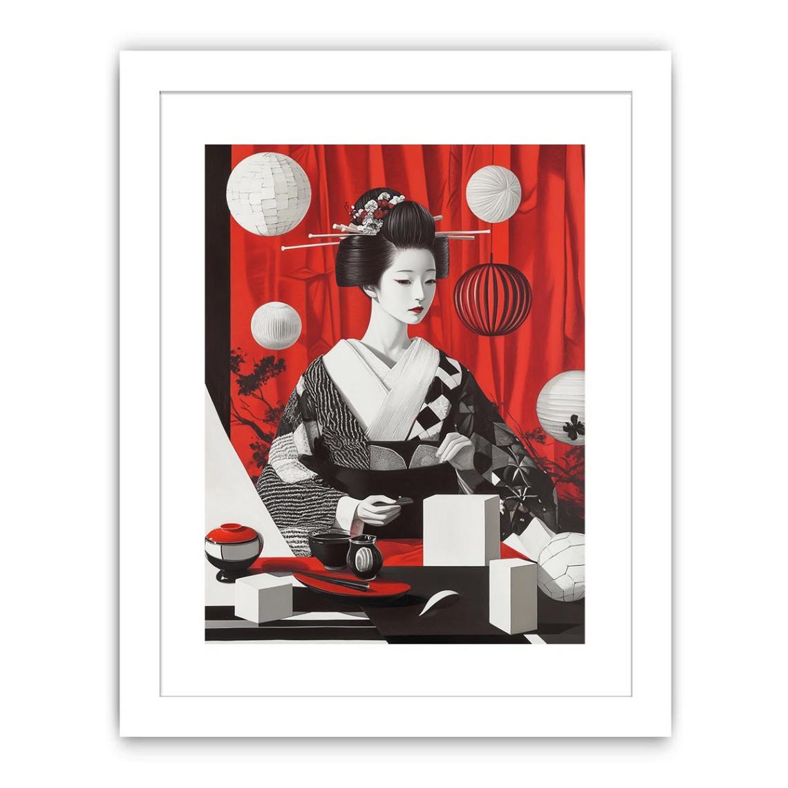 Vertical geisha portrait canvas art with red curtain, lanterns, and black white kimono for modern decor.
