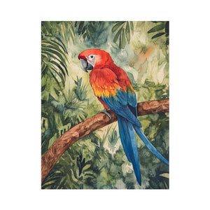 Scarlet macaw watercolor canvas art with tropical foliage for living room or bedroom decor.
