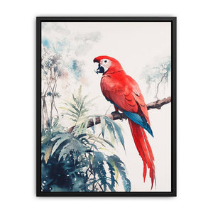 Red macaw watercolor canvas art on branch with soft tropical leaves for bedroom or nursery decor.