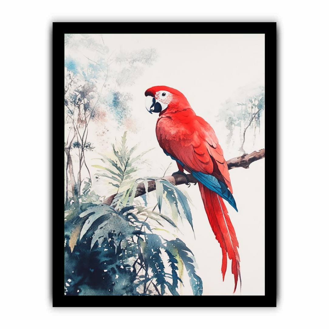 Red macaw watercolor canvas art on branch with soft tropical leaves for bedroom or nursery decor.