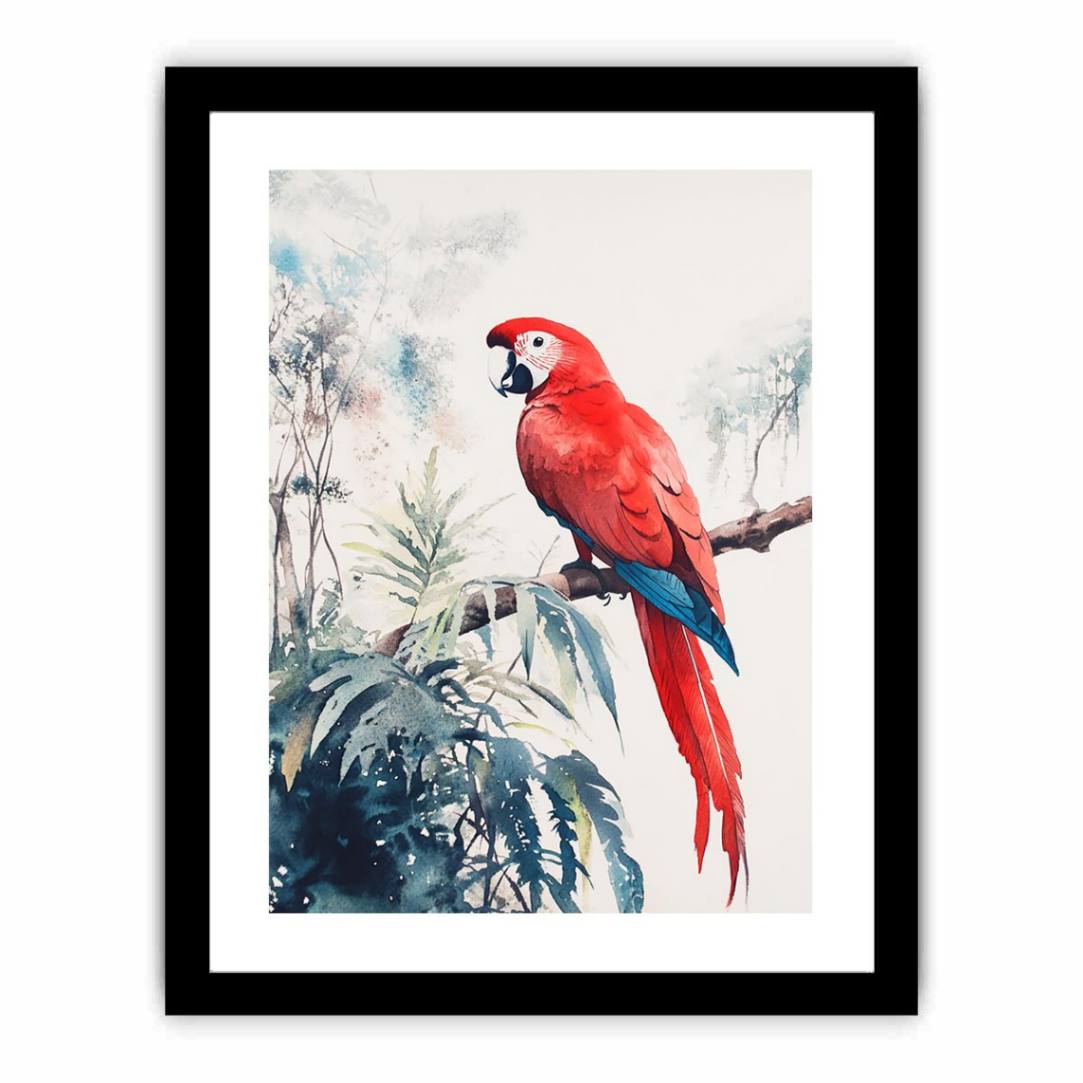Red macaw watercolor canvas art on branch with soft tropical leaves for bedroom or nursery decor.