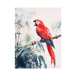 Red macaw watercolor canvas art on branch with soft tropical leaves for bedroom or nursery decor.