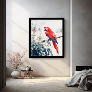 Red macaw watercolor canvas art on branch with soft tropical leaves for bedroom or nursery decor.