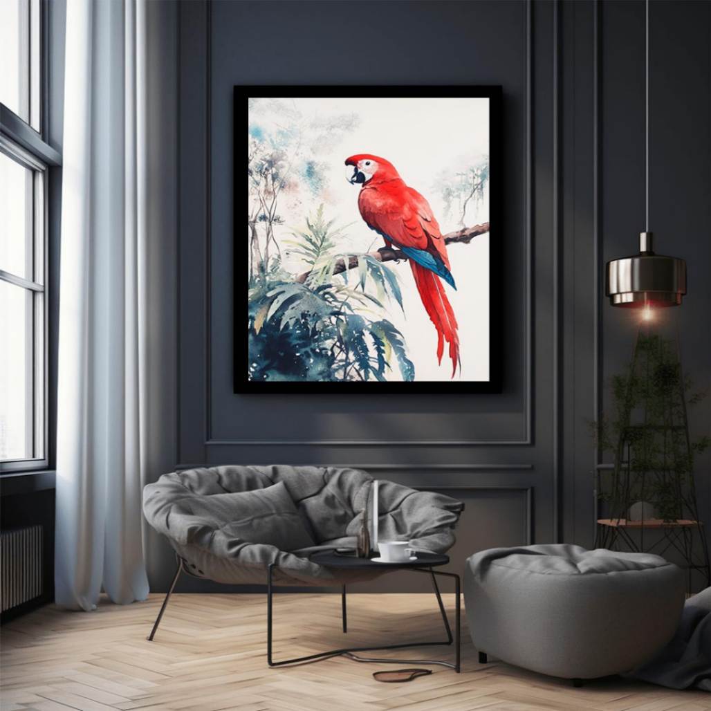 Red macaw watercolor canvas art on branch with soft tropical leaves for bedroom or nursery decor.