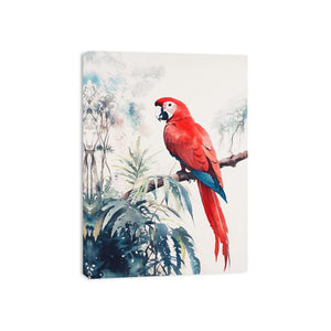 Red macaw watercolor canvas art on branch with soft tropical leaves for bedroom or nursery decor.