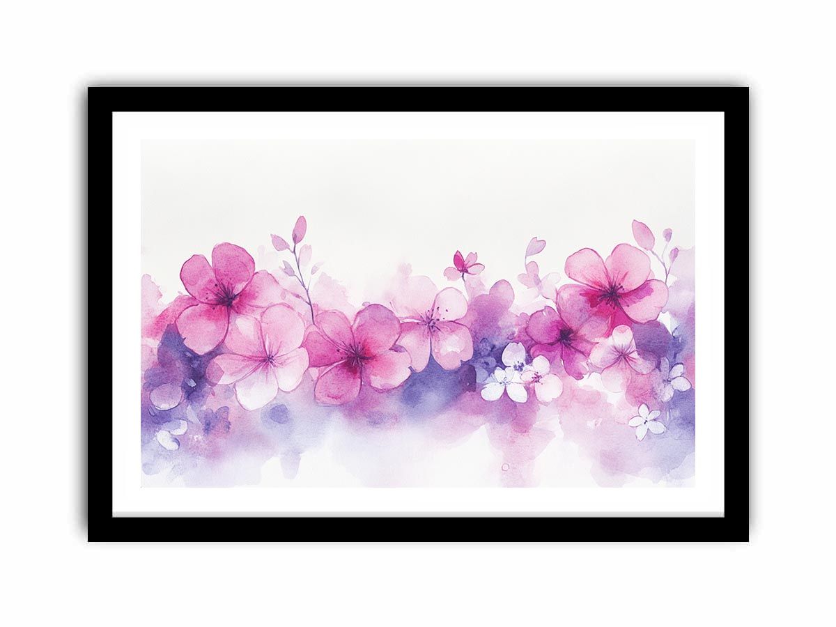 Soft pink blossom watercolor canvas art with purple floral wash for bedroom or nursery decor.
