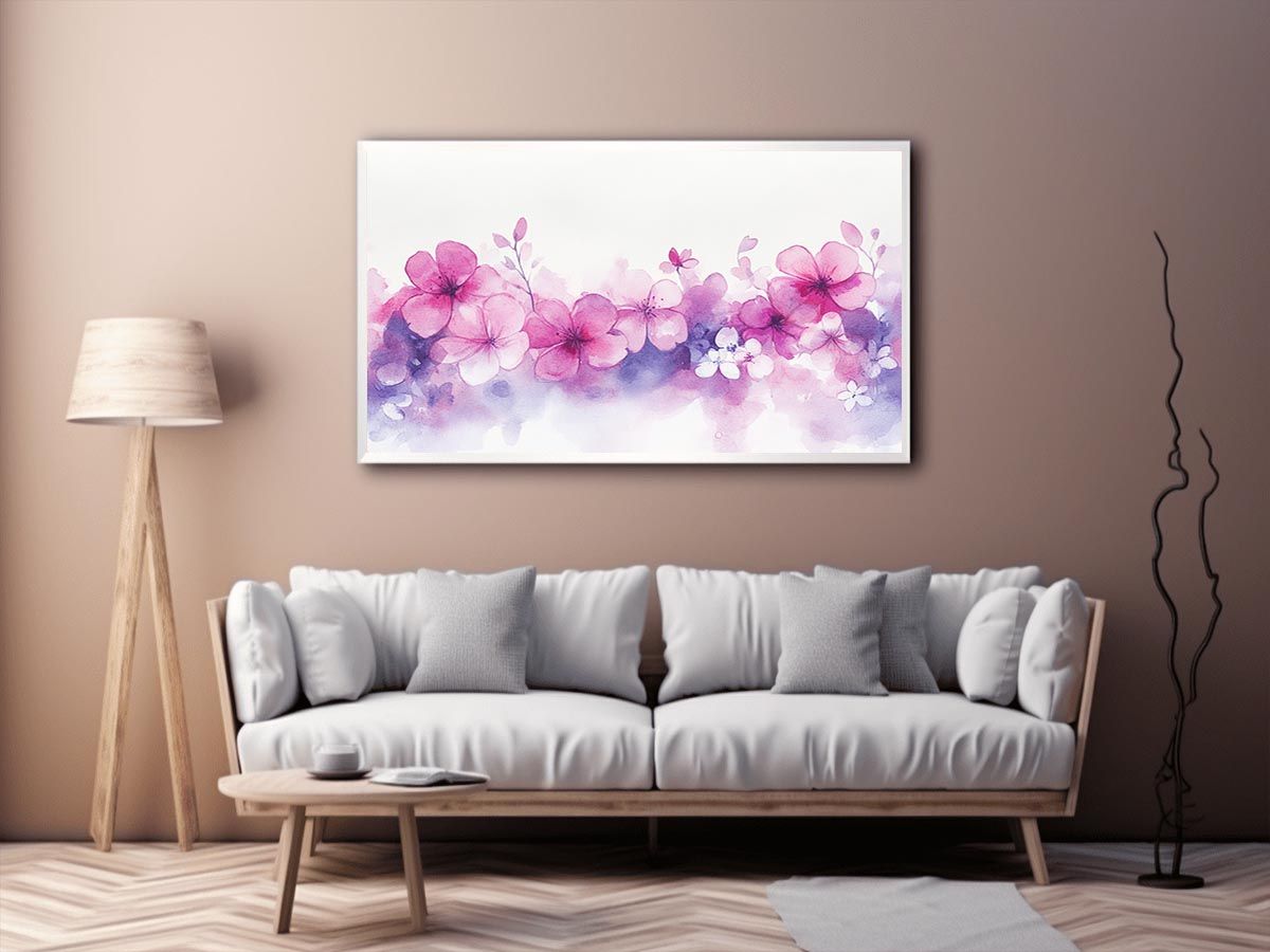 Soft pink blossom watercolor canvas art with purple floral wash for bedroom or nursery decor.
